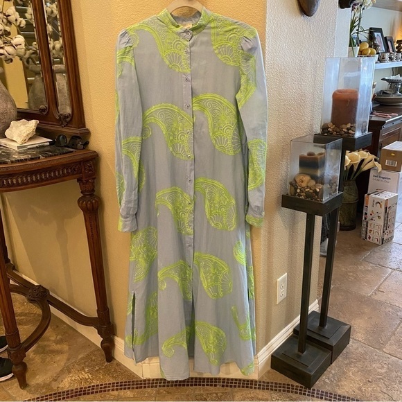 DIXIE Women Blue & Green Embroidered Paisley Button Maxi Dress Size Medium - Picture 1 of 14